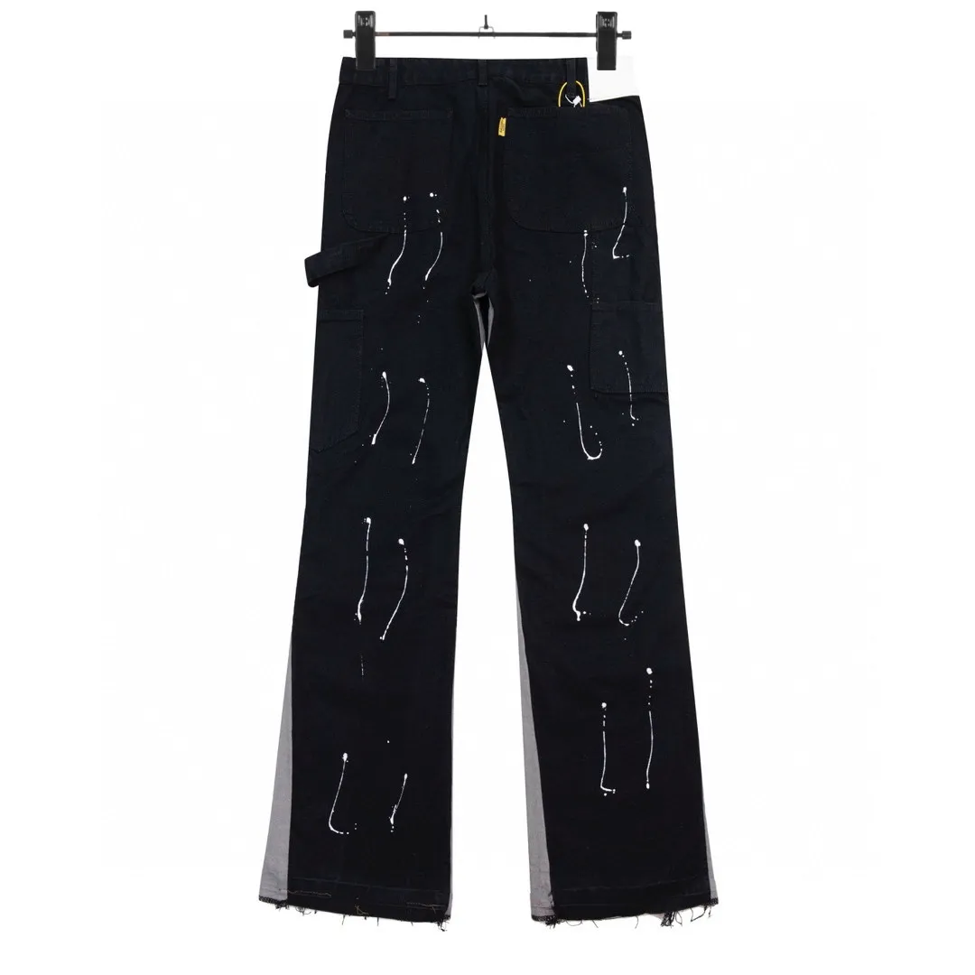 #8060 P220💰 GALLERY DEPT. Spliced ​​washed vintage jeans for men and women, high street splashed ink trousers, micro-flared casual trousers, trendy couples, the same style. Time-consuming waste materials, hand-made inkjet is an indispensable highlight.   Customized buttons, the buckle surface has been oxidized and distressed, customized ykk zippers, the minimum order is extremely high, the details of the accessories are all in place, and the hangtag and packaging are as always.  Color: Black Size: S-XXL (28-36)